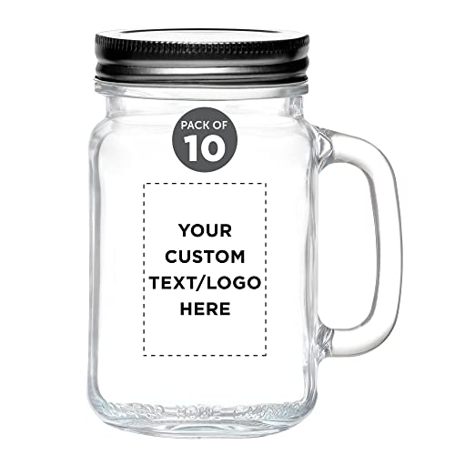 10 Libbey Handle Mason Jars with Lids Set, 16 oz. - Personalized Text, Logo - Traditional style, Drinking, Glassware - Clear
