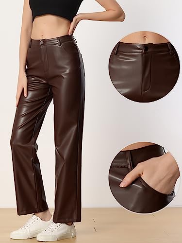 Allegra K Faux Leather Pants for Women's High Waist Straight Leg Punk PU Trousers2