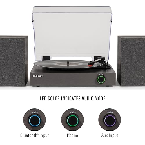 Image of Crosley CR7503A-BK Zane Record Player with Speakers, Black | 3-Speed Turntable, Bluetooth In / Out, LED Color on Dial Indicates Audio Mode, Matching External 38W Stereo Speakers