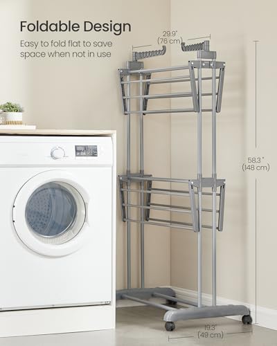 Image of SONGMICS Clothes Drying Rack 3-Tier, Foldable Laundry Drying Rack 148 cm Tall, Stainless Steel, Rolling Laundry Horses, Clothes Airer, Indoor Outdoor Use, Dove Gray ULLR702G01