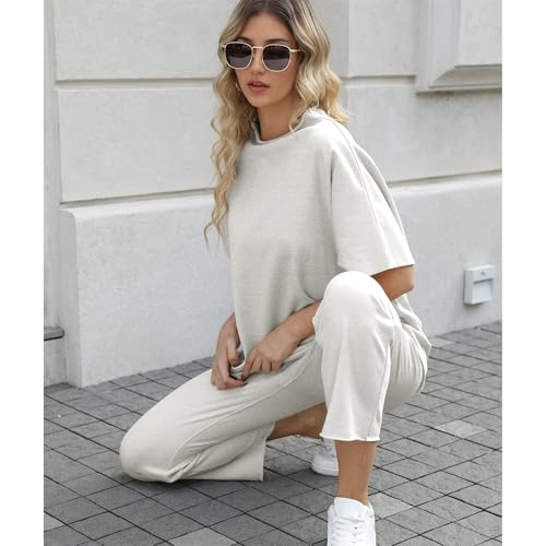 Image of SeeLuNa Women's Two Piece Outfits 3 /4 Batwing Sleeve Capelet Crew Neck Pullover Top Wide Leg Pants Lounge Set