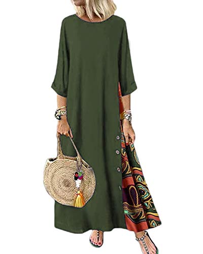Reshe Women Women Casual Contrast Long Dress Long Sleeve Solid Maxi Dresses Green