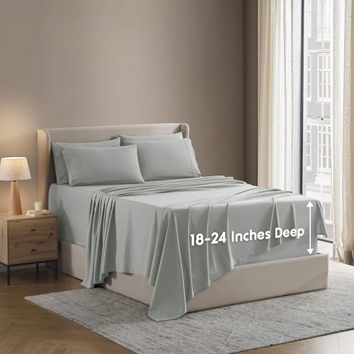Image of Nestl Extra Deep Full Sheet Set - 6 Piece Breathable & Cooling Sheets - Hotel Luxury Bedding Set w /18-24 Inch Deep Pockets - Easy & Secure Fit - Super Soft, Wrinkle Free & Comfy - Sage Green