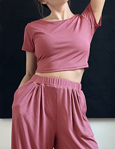 Ekouaer Pajama Set For Women Soft Lounge Sets Ribbed Knit Crop Top Elastic Pants Comfy Outfits Sweatsuit,Old Rose,M #TOP2