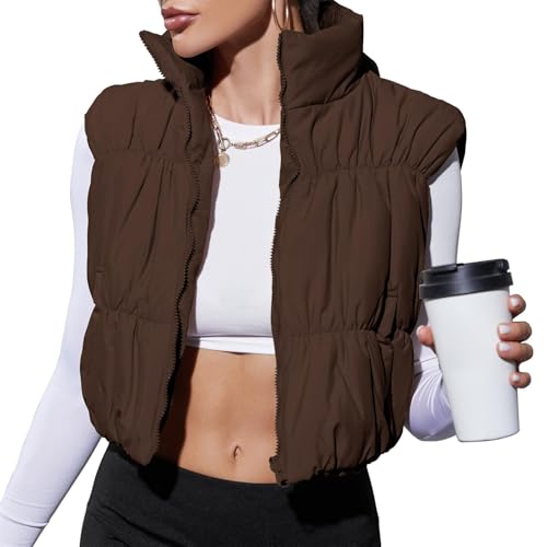 Zip Up Crop Puffer Vest Lightweight Sleeveless Winter Warm Outerwear Fall Padded Coat for Women2