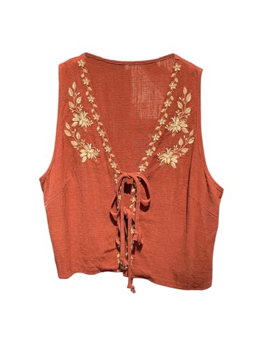 WDIRARA Women's Boho Floral Embroidery V Neck Tank Top Tie