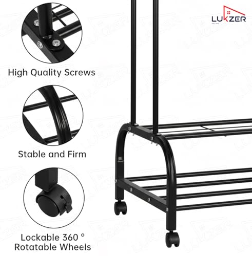 Image of Lukzer Metal Garment Stand with 6 Shelves & Double Rods, Heavy-Duty Clothing Rack with Side Hooks & Wheels, Multi-Functional Storage Organizer for Bedroom, Laundry & Entryway - (MGS-008 /Black)