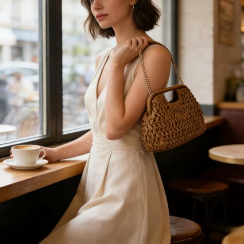 Image of Women Straw Drawstring Bucket Purse Small Tote Shoulder Handbag Hollow Out Cross-body Bag for Summer,Beach | Straw