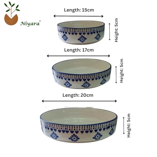 Image of Niyara Stoneware Handmade Ceramic Stylish Premium Serving Bowls /Salad Tray Microwave Dishwasher Safe (Blue jhalar Salad Bowl Set of 3)