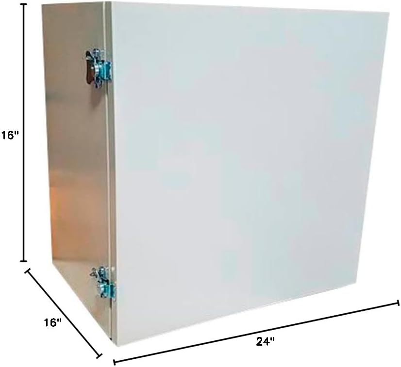24 x 24 x 16" Powder Coat Steel Outdoor Enclosure for Pole or Wall Mount. Padlock Closures. 3 Feedthru Holes. Pole Mount Included.