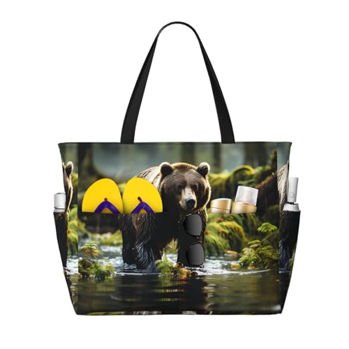 QWVBNbrown bear pounce Beach travel bag, lightweight and reusable, suitable for family trips, gym and outdoor adventures.