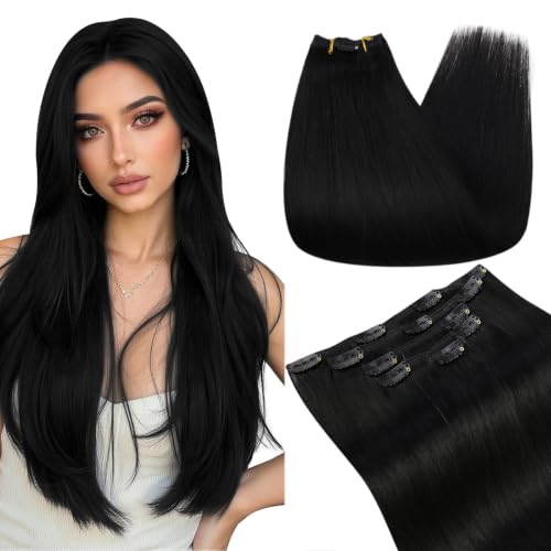 Image of Ugeat Clip in Hair Extensions Real Human Hair Jet Black 12 Inch 5pcs 85g