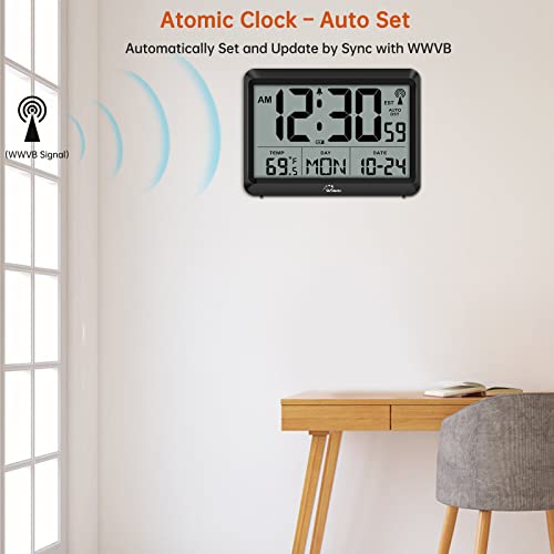Wallarge Atomic Clock Battery Operated - Large Display Digital Alarm Clock With Seconds And Indoor Temeperature, 4 Time Zones, Dst #TOP1