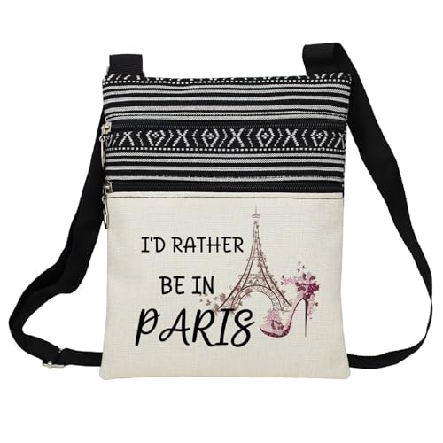 I'd Rather Be in Paris White Messenger Bag Small Ethnic Pattern Printed Adjustable Strap Crossbody Zipper Bag Paris Travel Phone Bag Wallet Shoulder Handbag Present for Women