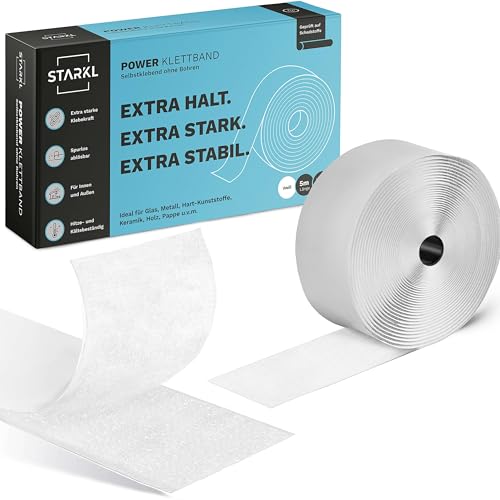 STARKL® Klettband Selbstklebend - BPA frei - 5m x 50mm - Klettverschluss Selbstklebend Weiß - Extra Breit - Doppelseitiges Klettband für Innen und Außen