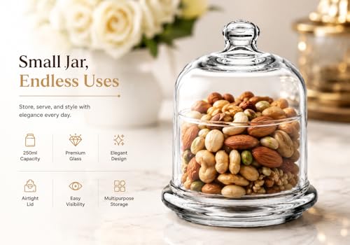 Image of Ask Me Glass Bell Jar Collection | 5 Inch Glass Dome Food Container | Decorative Storage Jar with Lid for Kitchen, Snacks, Sweets, Cakes & Home Decor | Clear Display Cloche Dome Jar (2)
