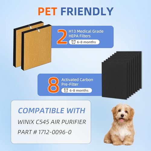 Image of C545 HEPA Pet Allergy Replacement Filter S for Winix C545 Air Purifier,2 x H13 True HEPA Filters + 8 x Activated Carbon Pre-Filters,Part 1712-0096-00 and 2522-0058-00