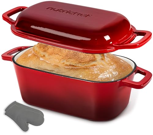 NutriChef 10" Enameled Cast Iron Bread Pan with Lid, Oval Loaf Dutch Oven with Silicone Gloves, Oven-Safe to 500&deg;F, for Baking, Roasting, Stewing & More, Dishwasher Safe (Red)