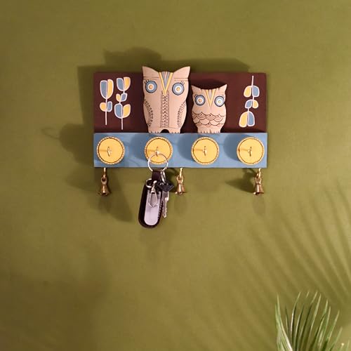 Image of Aakriti Art Creations Key Holder, Julu Key Hanger with Mask Motifs and Beautiful Artwork | Rustic Wooden Wall Organizer with 4 Hooks | Storage Shelf For Keys, Hats| Multifunctional Entryway Decor Item