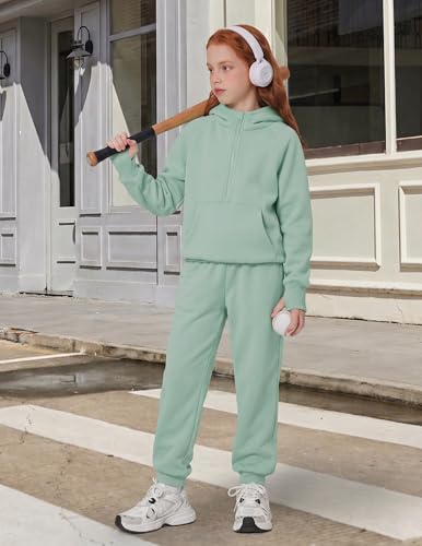 Image of Arshiner Girls 2 Piece Outfits Sweatsuit Half Zip Sweatshirt and Sweatpants | Fall Winter, Drop Shoulder Long Sleeve, Thumbhole Hoodies, with Sweatpant, Jogger Set, Sweat Set, Tracksuits with Pockets
