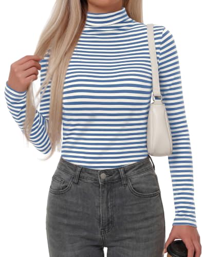 BTFBM Long Sleeve Shirts for Women Turtleneck Striped Shirt Lightweight Basic Thermal Underwear Tops 2026 Fall Fashion(Light Blue White, XX-Large)