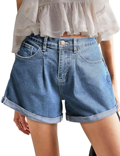 Image of Fengbay Denim Shorts for Women, Elastic High Waisted Women's Shorts Stretchy Rolled Hem Designed Ladies Hot Pants Summer Light Blue
