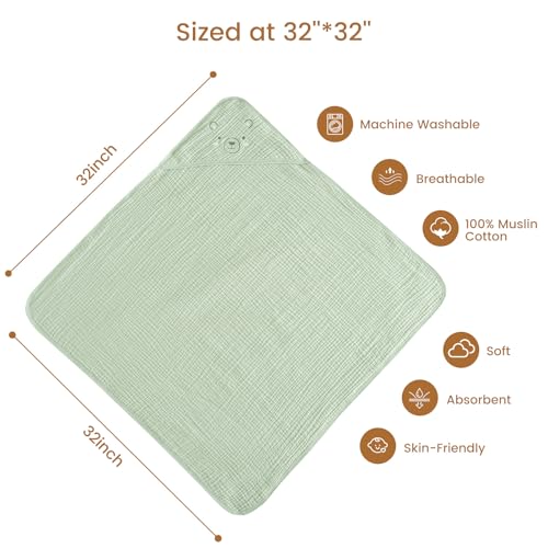 Image of david's kids 2 Pack Hooded Baby Towels, Large 32 inchx32 inch, 6 Layer 100% Muslin Cotton Highly Absorbent Boy Girl Bath Towel for Newborn, Infant, Toddler, Ultra Soft and Breathable Baby Essentials, Animals