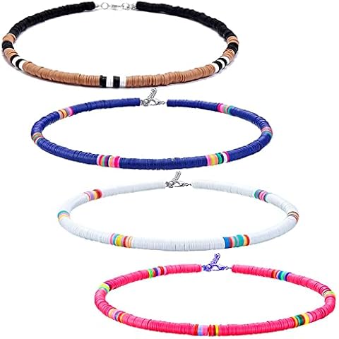 Summer Beach Necklace, 4 Pieces Boho Beaded Necklace , Heishi Surfer Necklace, Polymer Clay Choker Boho Beaded Choker for Holiday Women Girls Cover