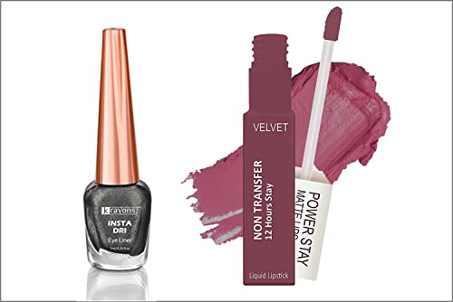 Image of Krayons Insta Dri Sparkling Eyeliner, Grey, 7ml And Power Stay Nontransfer 12hrs Stay Matte Liquid Lipstick, Mauve Glaze, 4ml