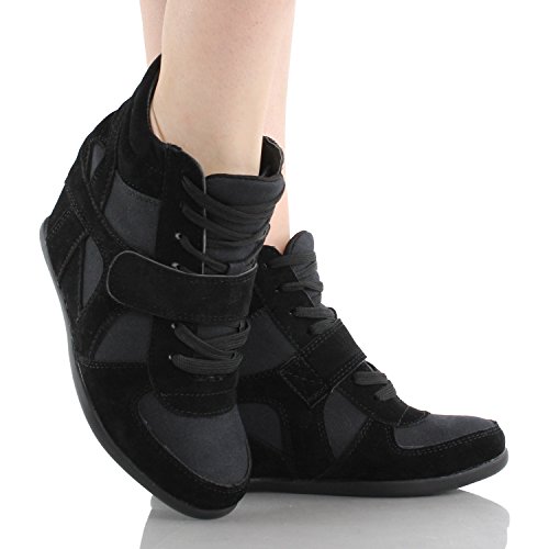 Top Moda Womens Sammy-40 High Top Strap Womens Hidden Wedge Sneaker Shoes,Black,8 #TOP3