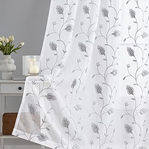 Grey Sheer Curtains 84 Inches Long, Floral Embroidered Rod Pocket Sheer Drapes for Living Room, Bedroom, 2 Panels, 52"x 84", Semi Crinkle Voile Window Treatments for Yard, Patio, Villa, Parlor Cover