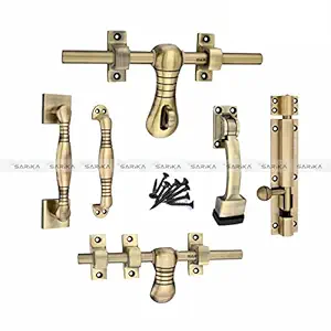 Shiv Sarika India Leher Zinc Alloy Heavy Single Door Fitting Accessories Full Set/Kit (1 Aldrop, 1 Latch, 2 Handles, 1 Tower Bolt and 1 Door Stopper) (10 Inch,Antique)