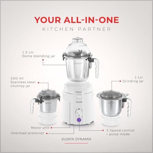 Sujata Store Sujata Dynamix 900W Mixer Grinder, 1.5L, White - Image 3