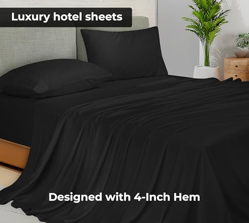 Image of Royale Linens Queen Flat Sheet - Ultra Soft Brushed 1800 Microfiber Flat Sheets Only - Wrinkle Free & Stain Resistant - Hotel Quality Top Sheet for Bed (Queen, Black)