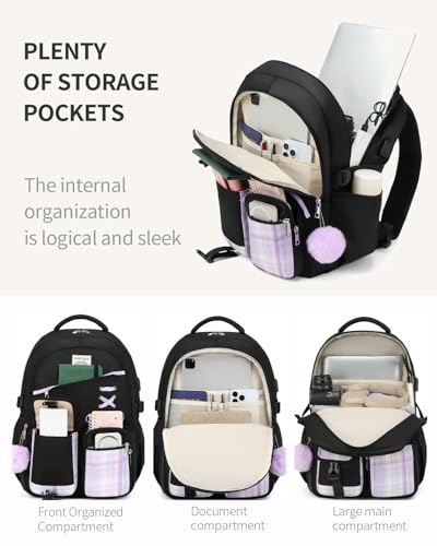 Image of Cute School Backpack for Teen Girls, 3Pcs Kids Bookbag with Lunch Box Pencil Pouch for Elementary Middle High School College, Water Resistant Laptop Backpacks Back to School Gift Black Purple Tartan