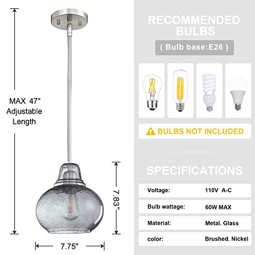 Seenming House 2 Pack 1 Light Hanging Indoor Kitchen Island Pendant Lights 7.7" Hand Blown Black Seeded Grey Glass Ceiling Light Fixtures Brushed Nickel Finish Modern Farmhouse Dinning Over Sink #TOP3