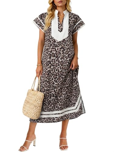 Image of Wenrine Womens Summer Floral Maxi Dress Casual Short Cap Sleeve V Neck Color Block Side Slit Loose Boho Beach Dresses