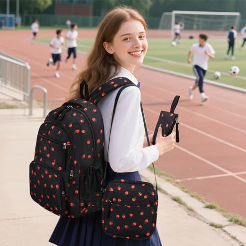 Image of Coquette Strawberry Backpack - Cute Kawaii Backpack Set Aesthetic Daypack Cute Rucksack (B02 Strawberry Black)
