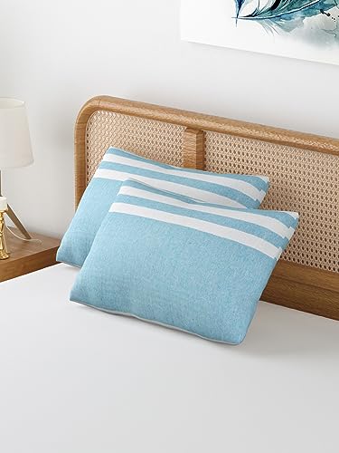 Image of 180 TC Pillow Cover Set of 2 | Pillow Cover Cotton 100% | Pillow Cover Set of 2 King Size | Wrinkle Free & Fade Resistance | Striped Pattern | Standard Size | All Season Use (Sky Blue)
