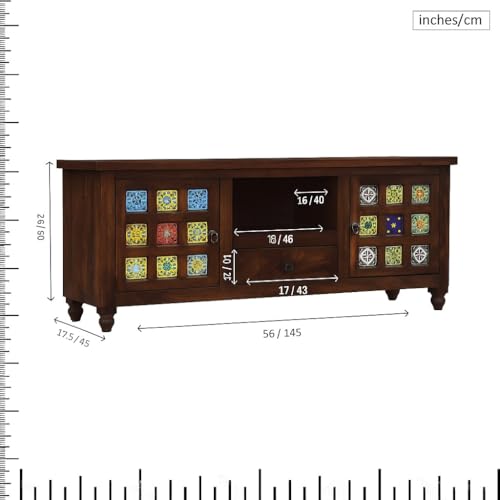 Image of Sheesham Wood TV Stand and Shelf Storage Entertainment Unit Center Console TV Table Wooden Tv Cabinet for Living Room Home (Tiles Design Honey)