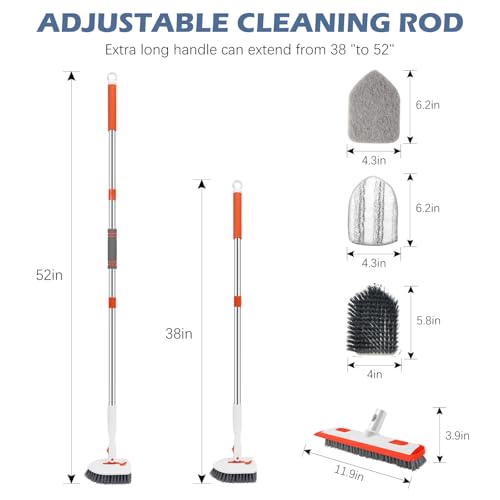 Image of SetSail 4-in-1 Tile Tub Floor Scrubber with 52-inch Adjustable Long Handle Shower Cleaner Brush Comes with Floor Scrub Brush and 3 Replacement Brush Heads for Cleaning Bathroom Tub Tile, Orange