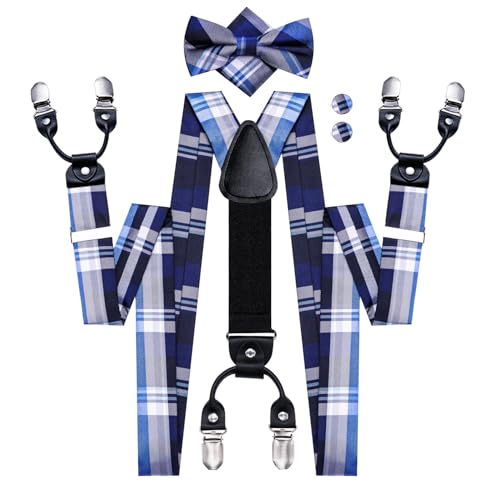 Image of Hi-Tie Checked White Grey Blue Suspender Bowtie for Men Adjustable Y-Shape 6 Clips Trouser Braces Pre-Tied Bow Tie with Handkerchief Cufflinks