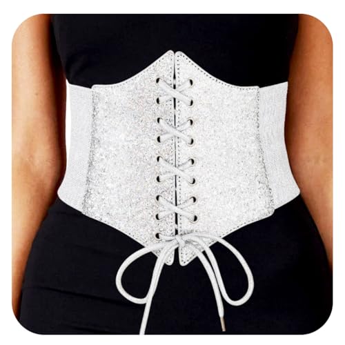 Wide Silver Corset Belt Dress Sequin Waist Belts for Women