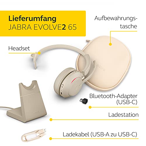 Jabra Evolve2 65 Casque PC sans Fil avec Station de Charge - Casque Mono Certifié UC Anti-bruit avec Batterie Longue Durée - Adaptateur Bluetooth USB-C - Beige