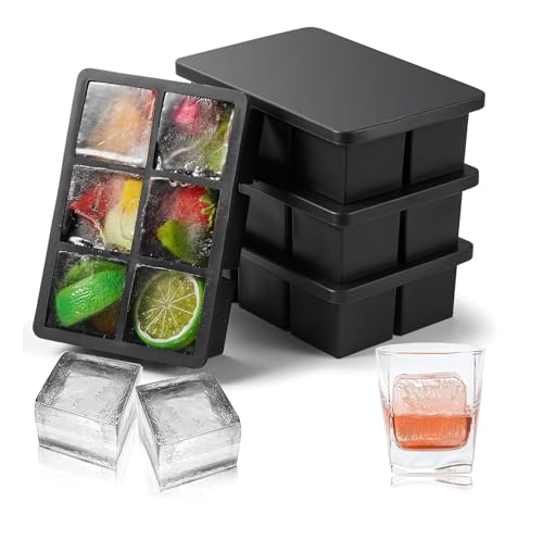Image of Ice Cube Molds with Lid,Big Silicone Ice Cube Tray for Whiskey,2Inch Square Ice Cube Tray,Easy-Release Ice Mold,Giant Ice Cubes for Bourbon Cocktail (3, Full Black)