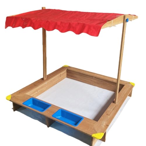 TVTKE児童向け 屋外 遊園地用 実木製 大型 木製砂場 屋内でも使える赤ちゃん用砂遊びフェンス付き玩具、調節可能なキャノピー付き 裏庭 ビーチ ナチュラル (1.2mの赤色四面砂プール(屋根付き))