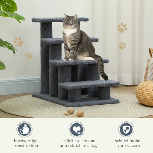 PawHut Katzentreppe 4 Stufen Tiertreppe Treppe für Katze Haustiertreppe Hundetreppe aus Plüsch 61 x 41 x 60 cm Grau