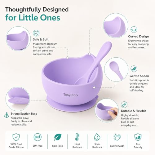 Image of TONY STARK Silicone Unbreakable Baby Bowl & Handle Spoon - Suction Design, Non-Slip, BPA Free, Dishwasher & Microwave Safe (Lavender, 2 Piece Set)