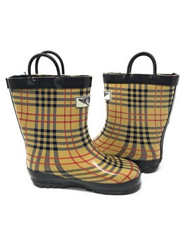 Forever Young Kid's Rubber Pull Up Checker Plaid Print Rainboots, 12, Tan2