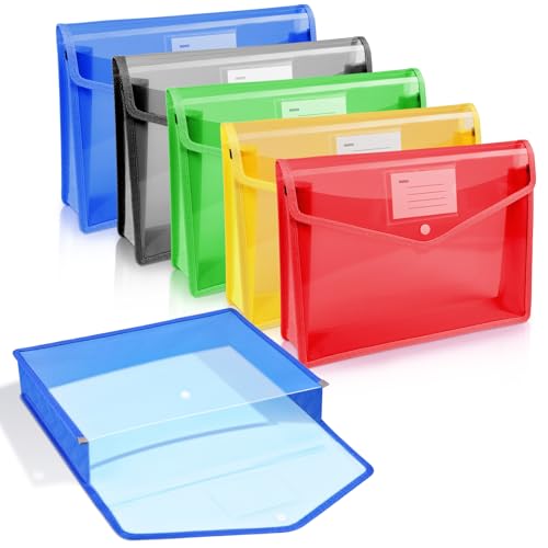 Vicloon Carpeta de Archivos de Plástico A4, 5pcs Carpeta con Diseño Transparente y Bolsillo, Carpetas Archivadoras de Plástico Cierre de Botón a Presión, Escuela-Multicolor/Sección Horizontal